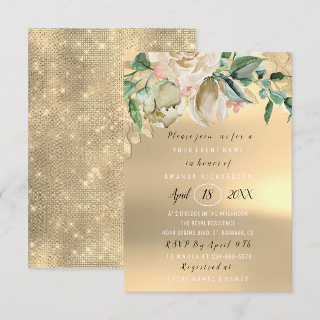 Bridal Shower Flower Brunch Green Gold Mint Ivory Invitation (Front/Back)