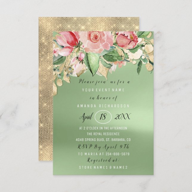 Bridal Shower Flower Brunch Greenery Gold Mint Pin Invitation (Front/Back)