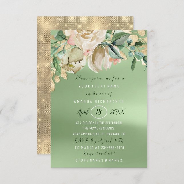 Bridal Shower Flower Brunch Greenery Gold Roses Invitation (Front/Back)