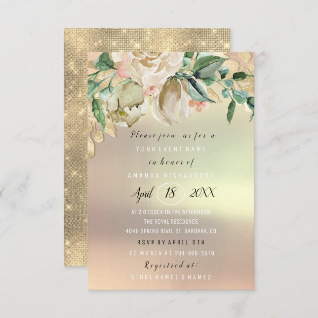 Bridal Shower Flower Brunch Greenery Ivory Gold Invitation (Front/Back)