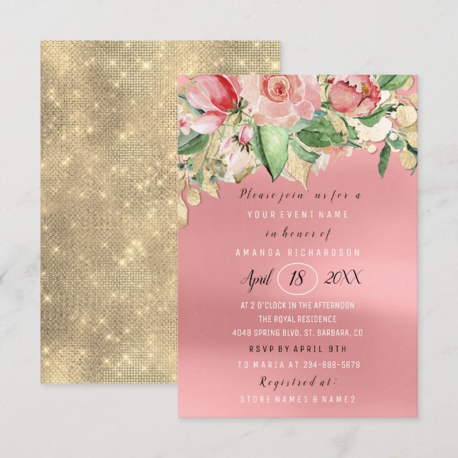 Bridal Shower Flower Brunch Greenery Roses Gold Invitation (Front/Back)