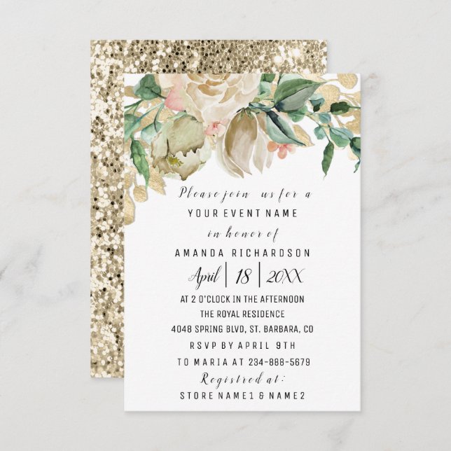 Bridal Shower Flower Brunch Greenery White Glitter Invitation (Front/Back)