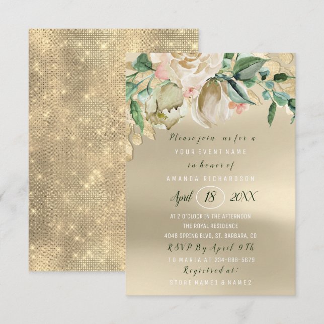 Bridal Shower Flower Brunch Ivory Green Gold Roses Invitation (Front/Back)