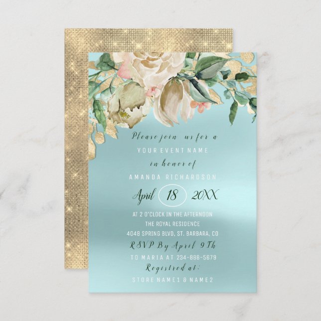 Bridal Shower Flower Brunch Mint Roses Blue Invitation (Front/Back)