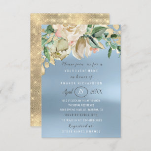Bridal Shower Flower Brunch Spark Gold Blue Invitation