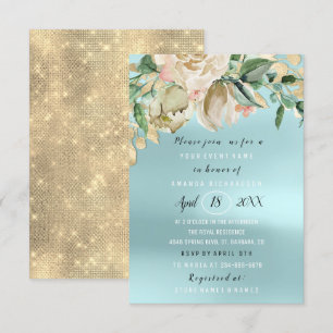 Bridal Shower Flower Brunch Spark Gold Blue Invitation