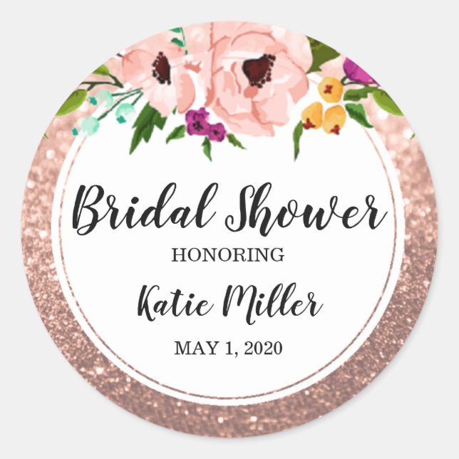 Bridal Shower Flower Crown Glitter Pink Rose Gold Classic Round Sticker (Front)
