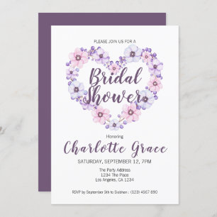 Bridal Shower Flower Heart Purple White Invitation
