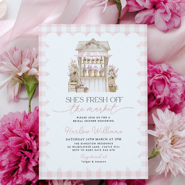 Bridal Shower Fresh off the Market Flower Market  Invitation (Pink Gingham Flower Cart Bridal Shower Invitation )
