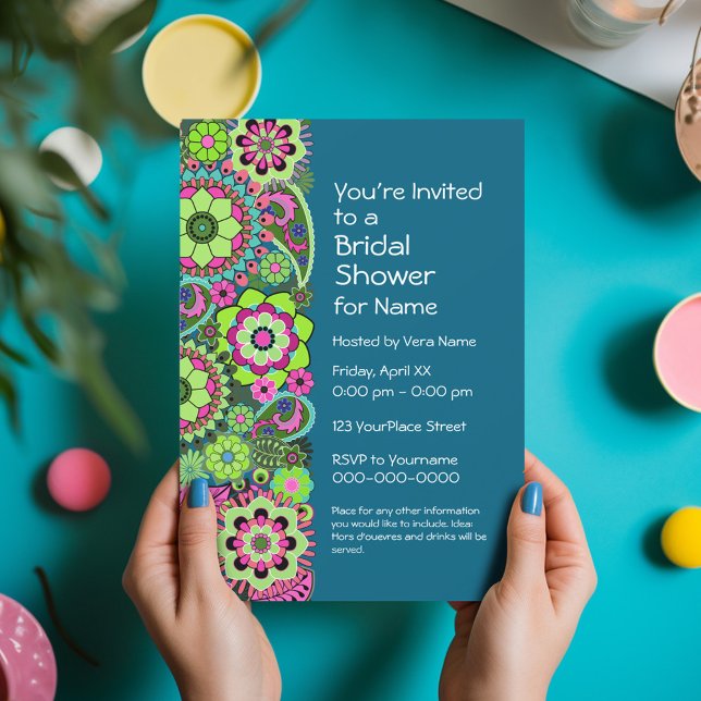 Bridal Shower: Fun Floral Pattern pink green teal Invitation (Funky Floral Bridal Shower Invitation - Retro Flowers and Deep Colors)