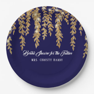 Bridal Shower Future Mrs. Navy Gold Willow Leaf Paper Plate