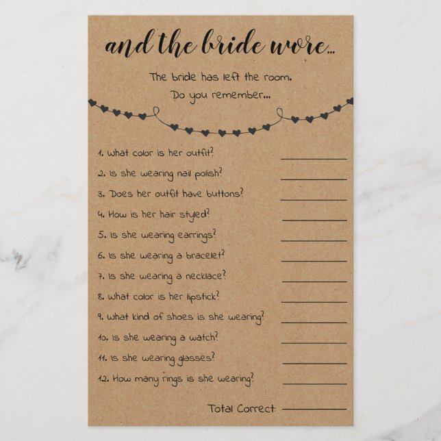 Bridal Shower Game And The Bride Wore Card (Front)