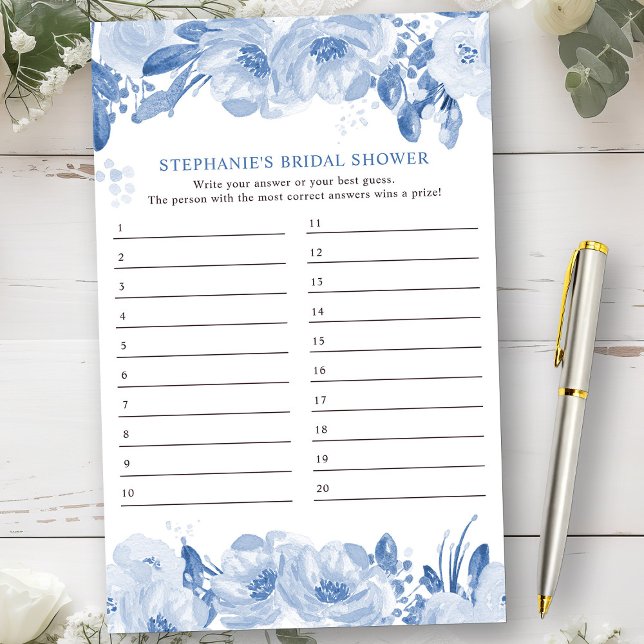 Bridal Shower Game Blue Floral Answer Sheet (Bridal Shower Game from my Dusty Blue Watercolor Floral Bridal Shower)