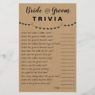 Bridal Shower Game Bride & Groom Trivia Card