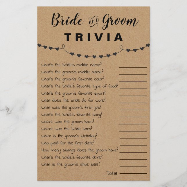 Bridal Shower Game Bride & Groom Trivia Card (Front)