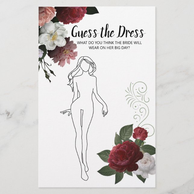 Bridal Shower Game Burgundy Pink Guess the Dress Flyer (Front)
