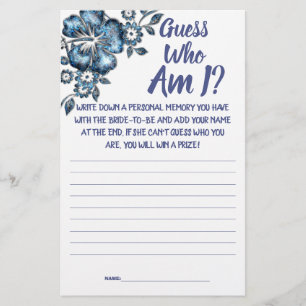 Bridal Shower Game Card Guess Who am I? 