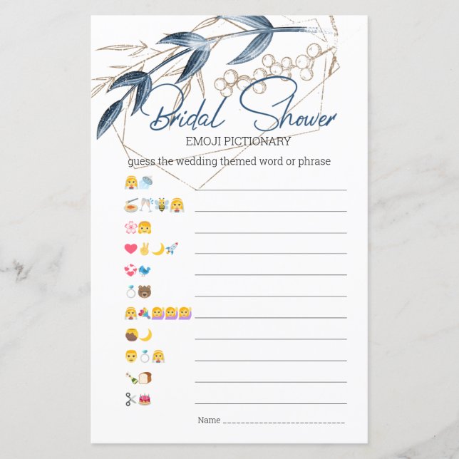 Bridal Shower Game Emoji Pictionary Blue Gold  (Front)