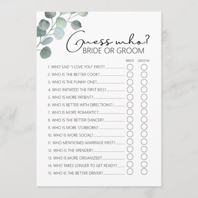 Bridal Shower Game-Eucalyptus-Guess Who Program (Front)