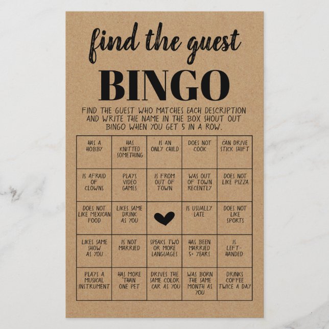 Bridal Shower Game Find the Guest Bingo Card (Front)