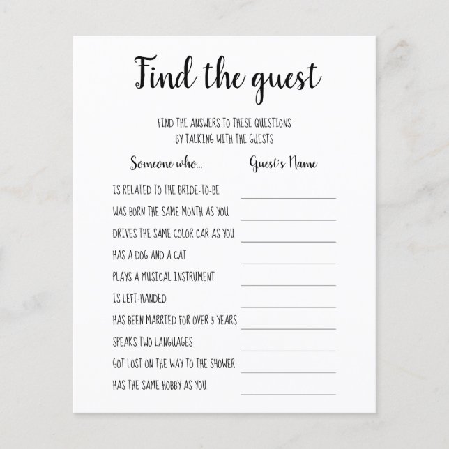 Bridal Shower Game Find The Guest Card (Front)