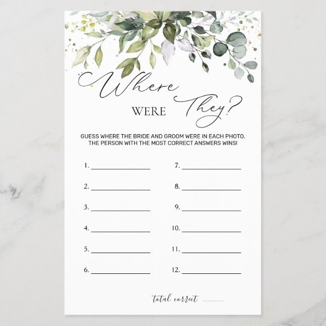 Bridal Shower Game Greenery Where Were They Flyer (Front)