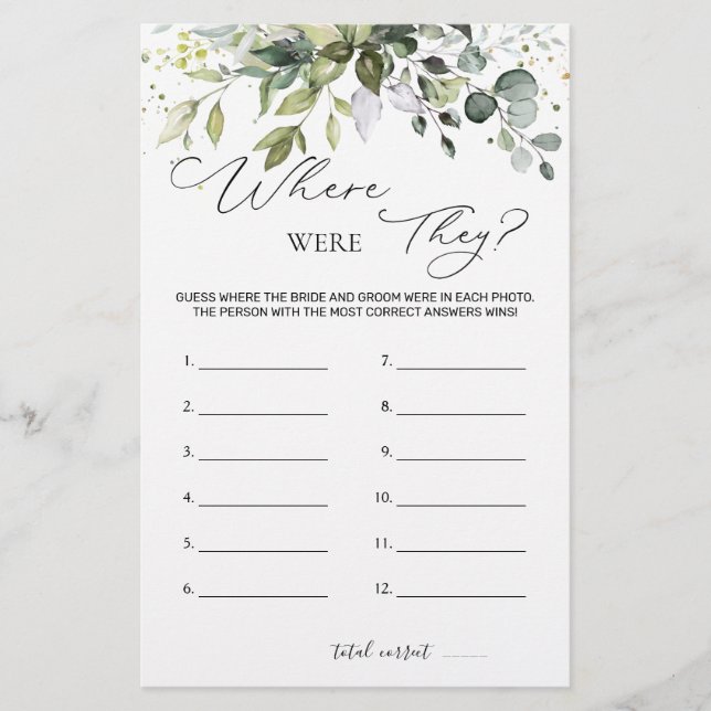 Bridal Shower Game Greenery Where Were They  Stationery (Front)