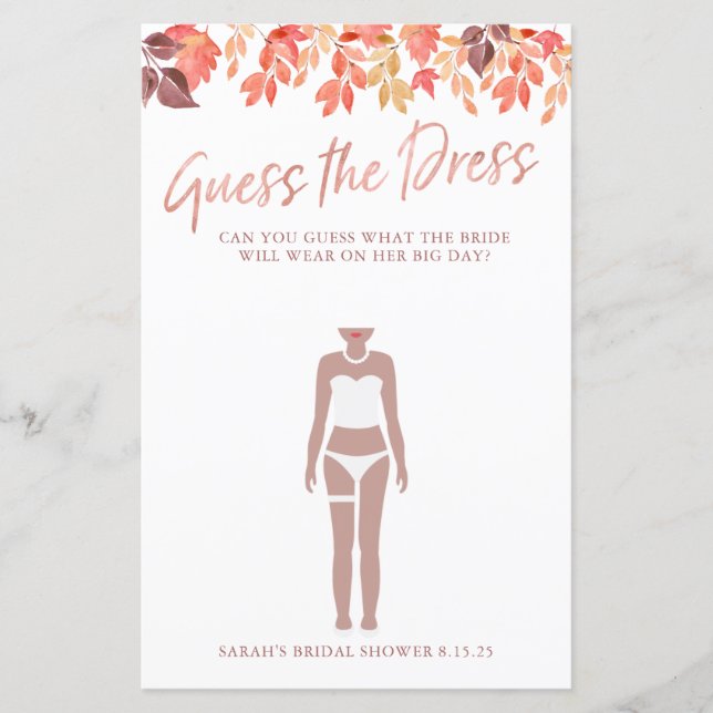 Bridal Shower Game Guess The Dress Fall Leaves (Front)