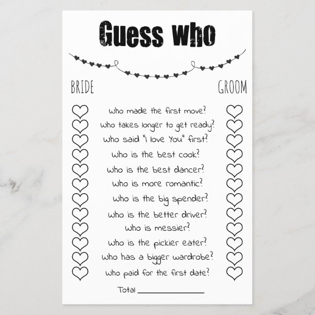 Bridal Shower Game Guess Who Card (Front)