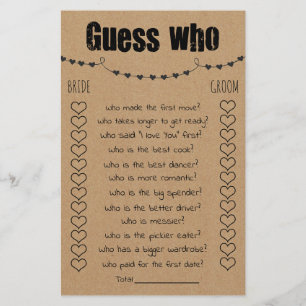 Bridal Shower Game Guess Who Card