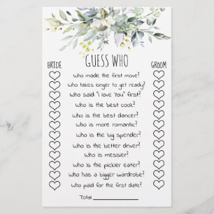 Bridal Shower Game Guess Who Card