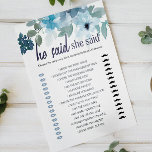 Bridal Shower Game He Said She Said Blue Roses