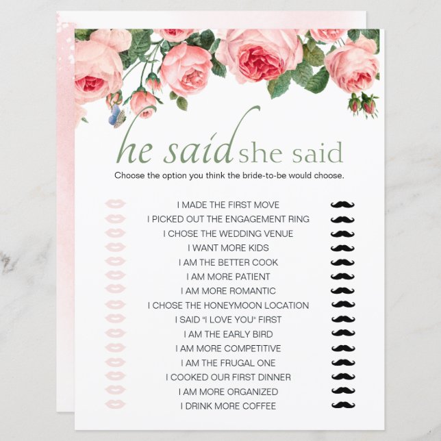 Bridal Shower Game He Said She Said Blushing Pink  (Front/Back)
