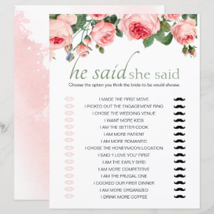 Bridal Shower Game He Said She Said Blushing Pink