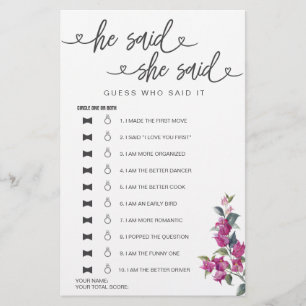 Bridal Shower Game He Said She Said Guess