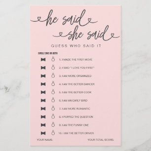 Bridal Shower Game He Said She Said Guess