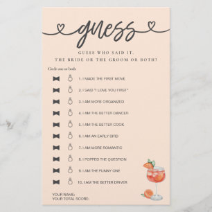 Bridal Shower Game He Said She Said Guess Aperol 