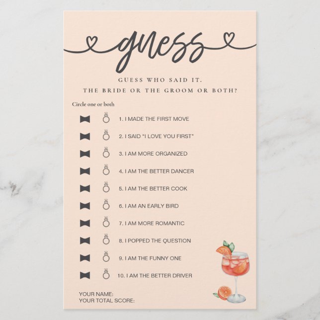 Bridal Shower Game He Said She Said Guess Aperol  (Front)