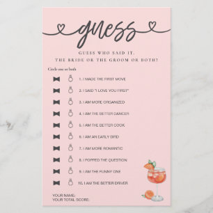 Bridal Shower Game He Said She Said Guess Aperol 