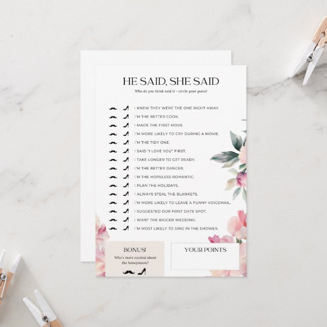 Bridal Shower Game He Said She Said Pink Floral Invitation (Front/Back In Situ)