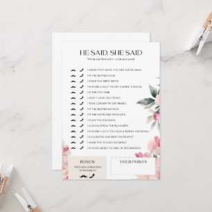 Bridal Shower Game He Said She Said Pink Floral Invitation