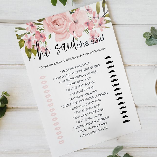 Bridal Shower Game He Said She Said Pink Roses (Creator Uploaded)