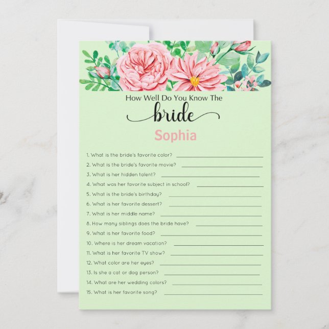 Bridal Shower Game How Well Do You Know The Bride Invitation (Front)