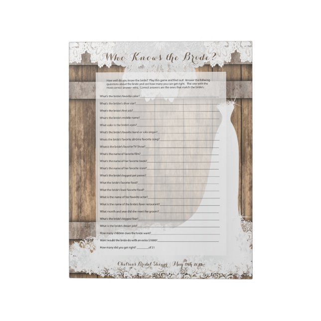Bridal Shower Game in Rustic Wood and Lace Design Notepad (Rotated)