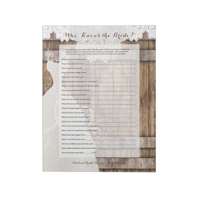 Bridal Shower Game in Rustic Wood Design Notepad (Rotated)
