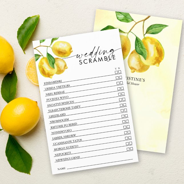 Bridal Shower Game Lemon Watercolor Scramble (Keep guests engaged at your pre-wedding event with our vibrant lemon wedding scramble game.)