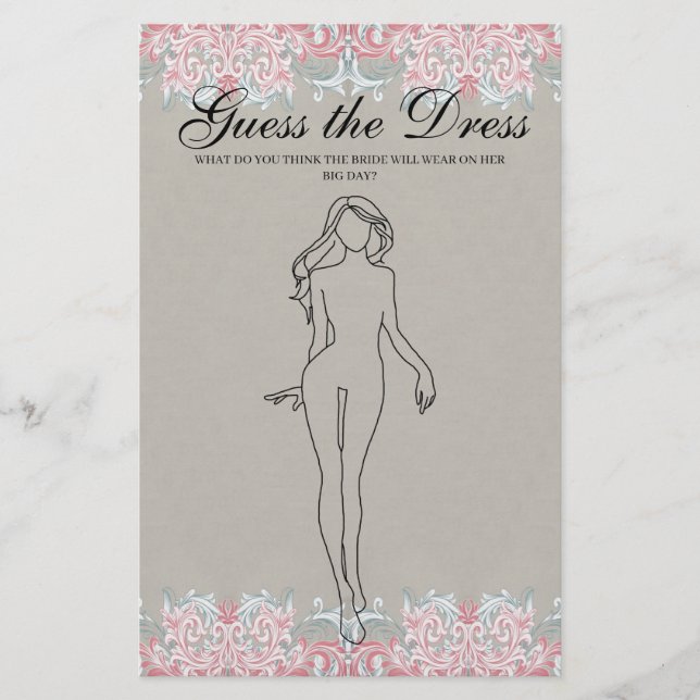 Bridal Shower Game Pink Scrolls Guess the Dress Flyer (Front)