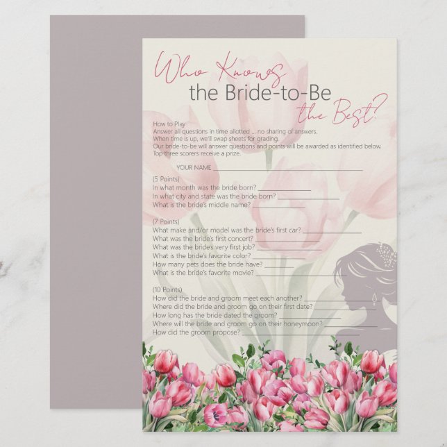 Bridal Shower Game Pink Tulips Who Knows Best  Stationery (Front/Back)