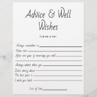 Bridal Shower Game Wedding Advice & Well Wishes