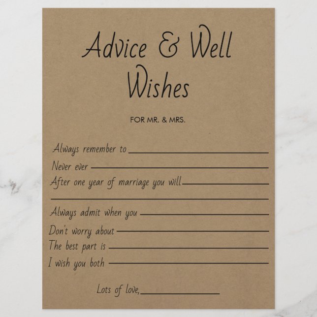 Bridal Shower Game Wedding Advice & Well Wishes Flyer (Front)